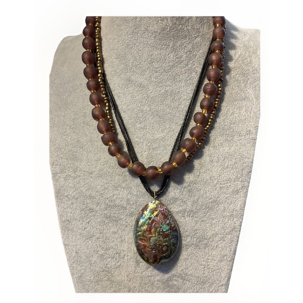 Stunning Artisan Made 3 Strand Frosted Glass Bead Abalone Shell Pendant Necklace